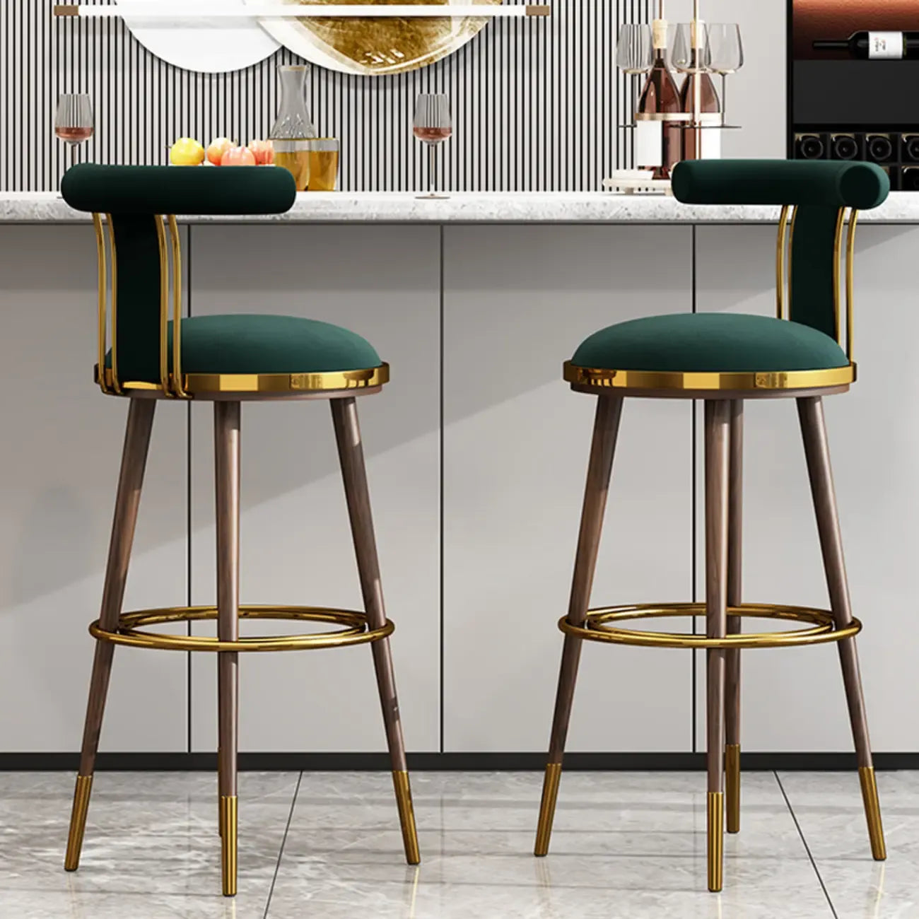 Glam Wood Velvet Upholstered Gold Accent Bar Stool