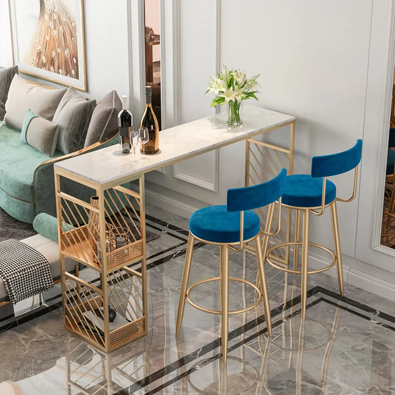 Lavish White Marble Gold Iron 2-Layer Storage Bar Tables
