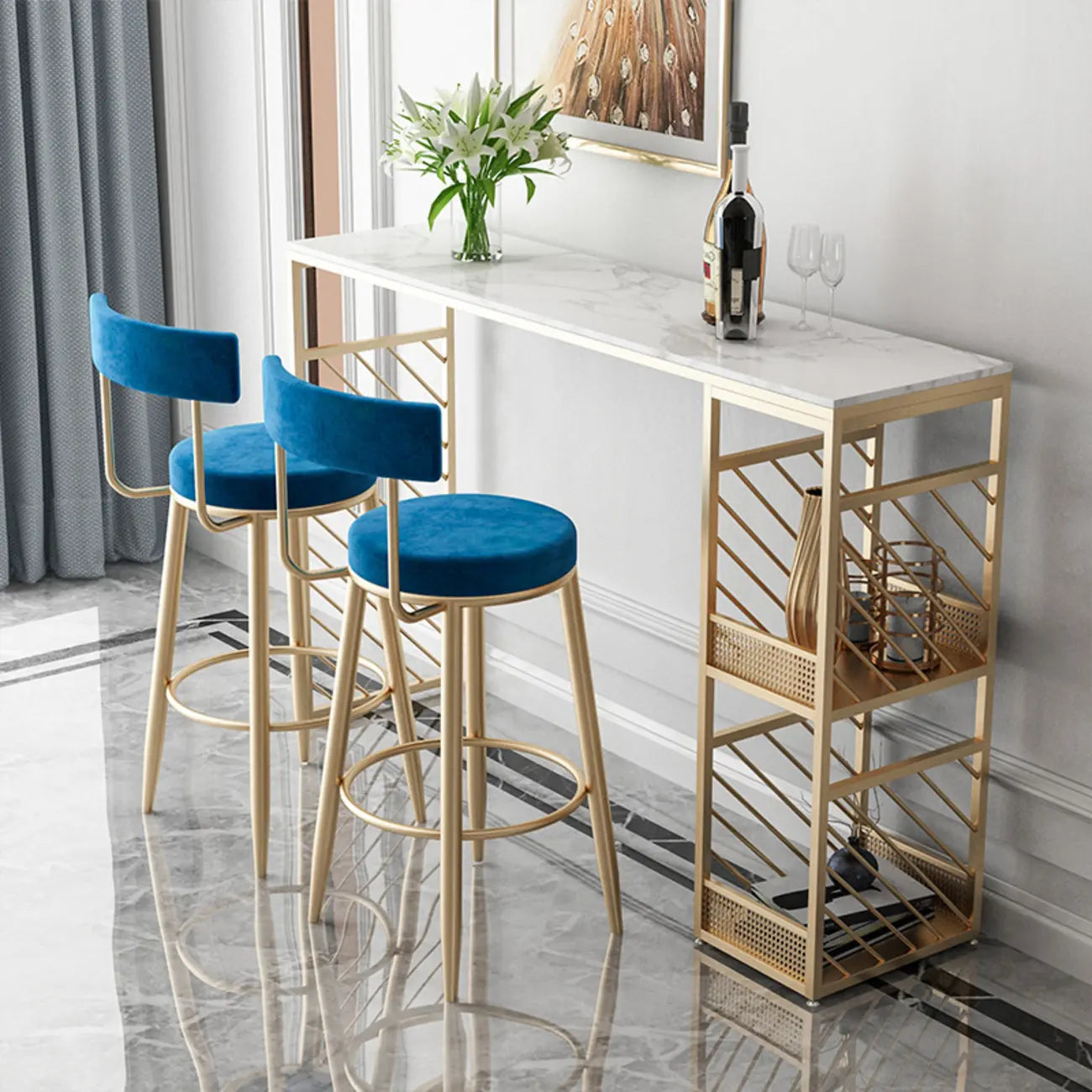 Lavish White Marble Gold Iron 2-Layer Storage Bar Tables