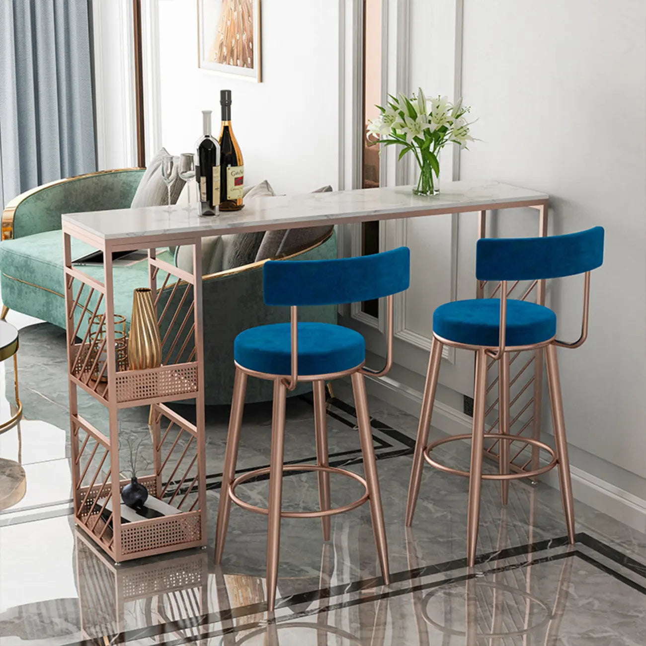 Lavish White Marble Gold Iron 2-Layer Storage Bar Tables