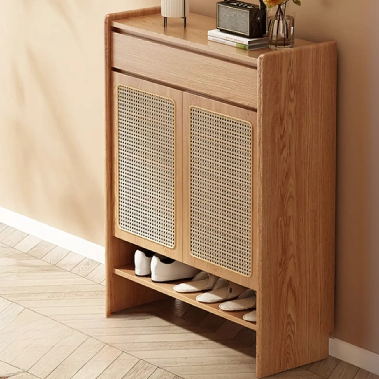 Boho Rattan Oak Shoe Cabinet Natural Storage