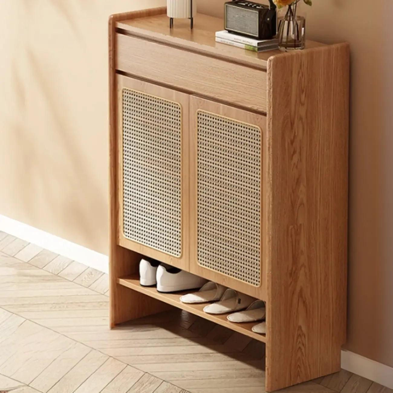 Boho Rattan Oak Shoe Cabinet Natural Storage