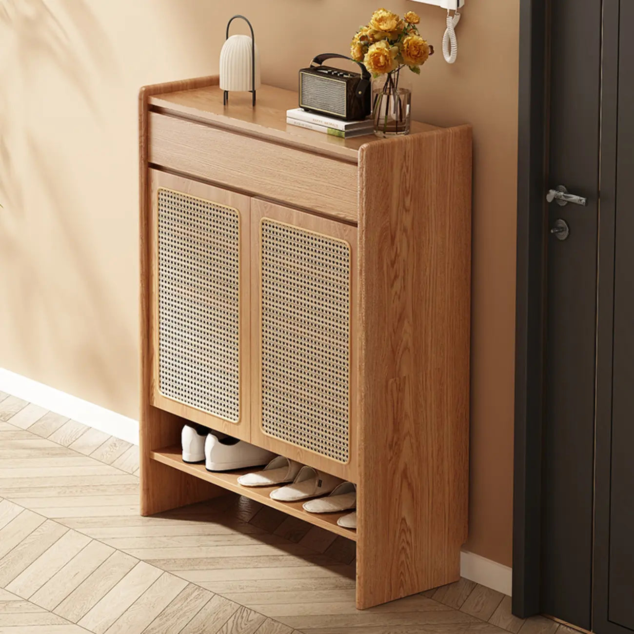 Boho Rattan Oak Shoe Cabinet Natural Storage