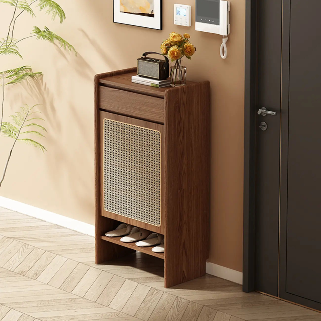 Boho Rattan Oak Shoe Cabinet Natural Storage