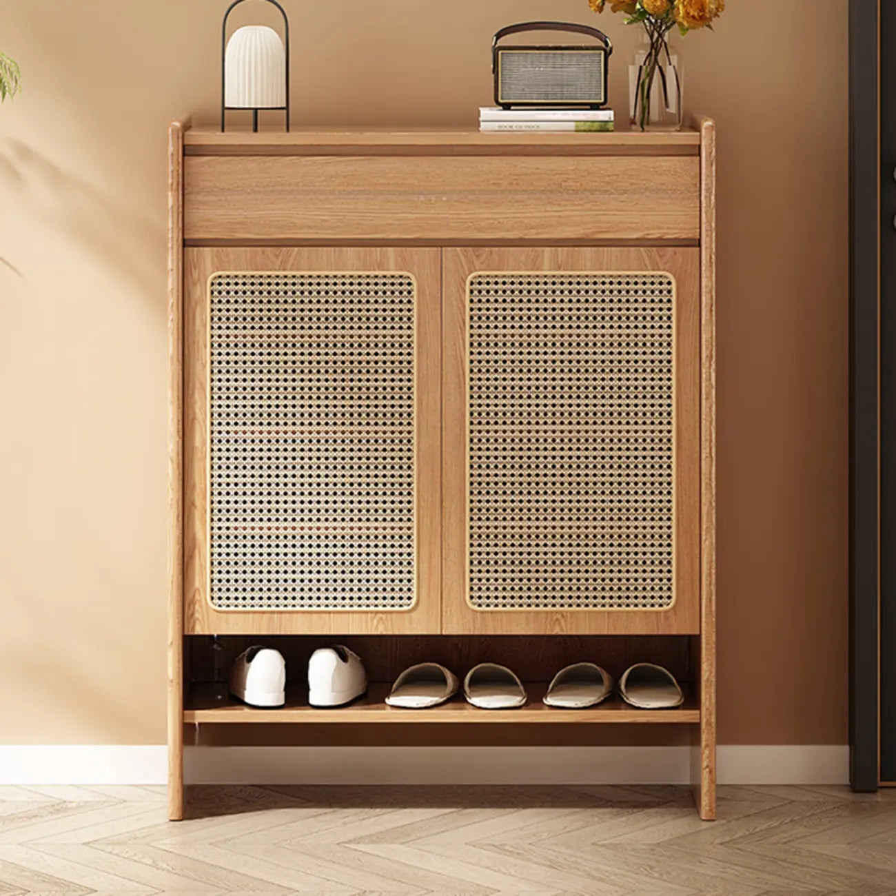 Boho Rattan Oak Shoe Cabinet Natural Storage