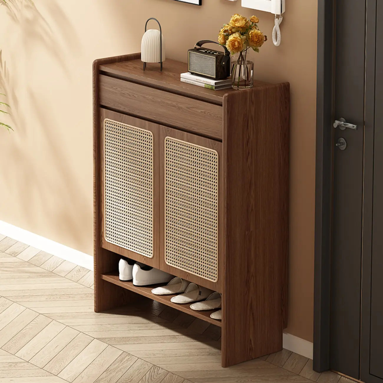 Boho Rattan Oak Shoe Cabinet Natural Storage