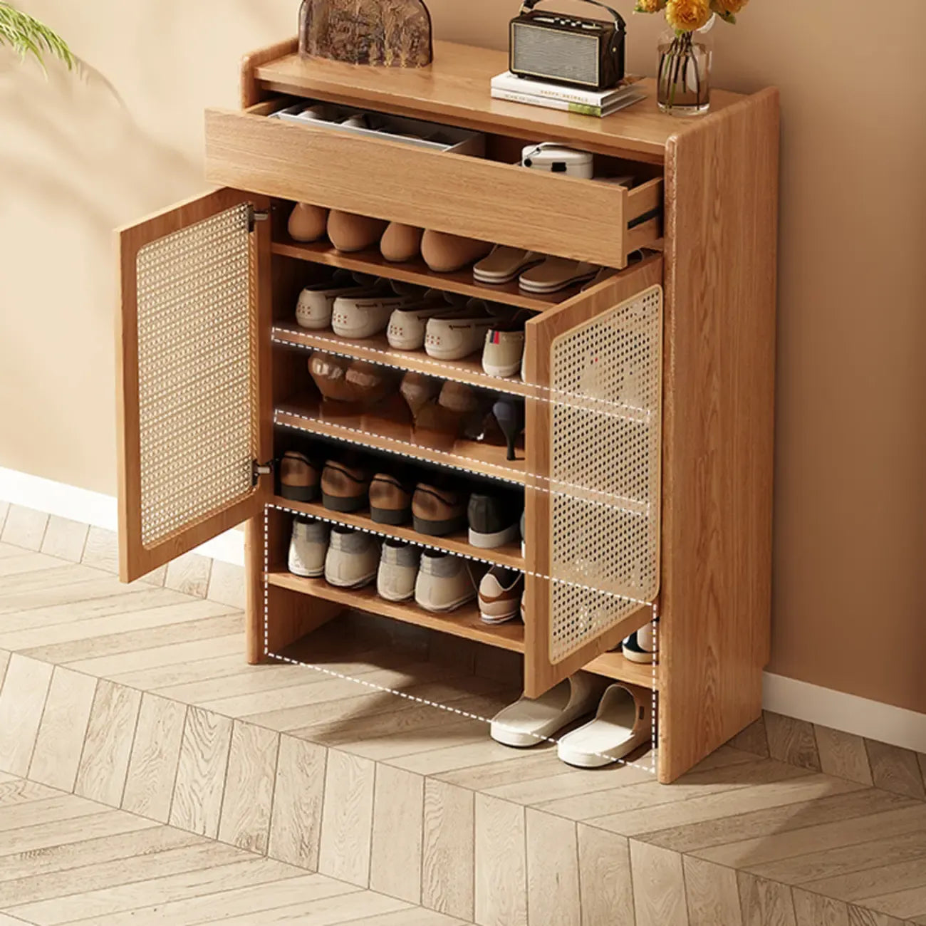 Boho Rattan Oak Shoe Cabinet Natural Storage