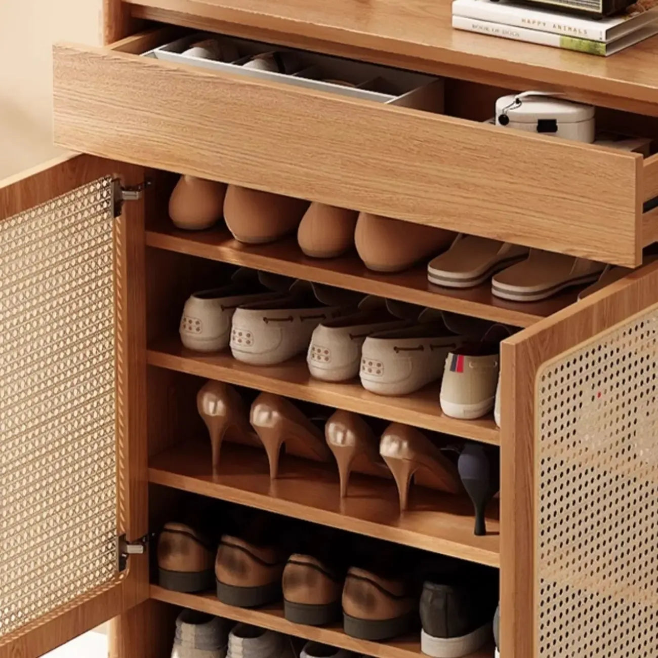 Boho Rattan Oak Shoe Cabinet Natural Storage
