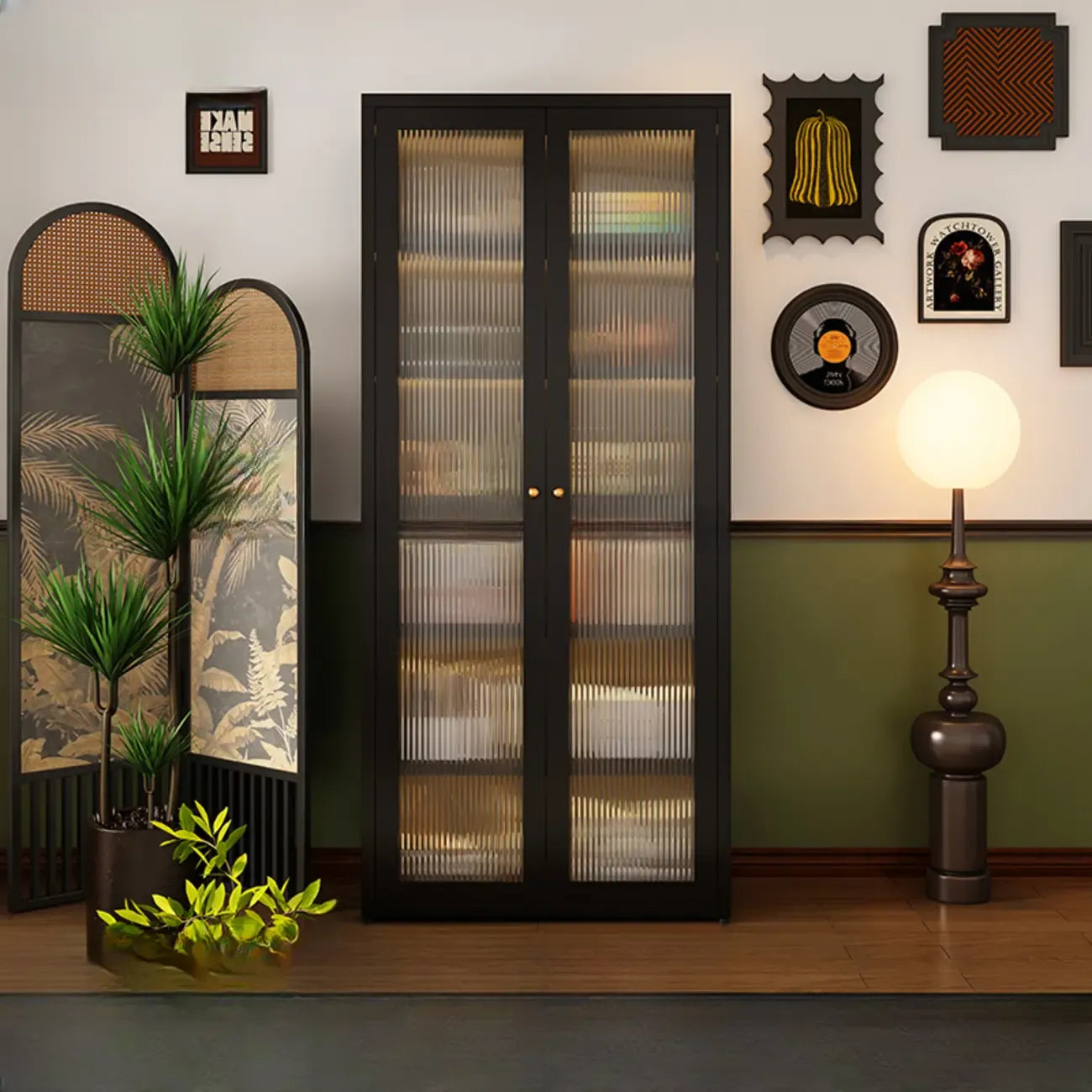 Contemporary Black Metal Bookcase with Glass Doors