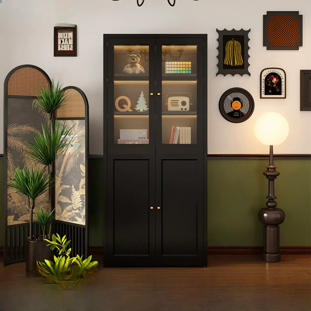 Contemporary Black Metal Bookcase with Glass Doors