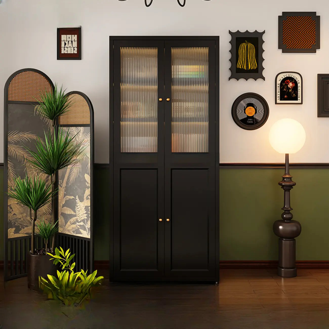 Contemporary Black Metal Bookcase with Glass Doors