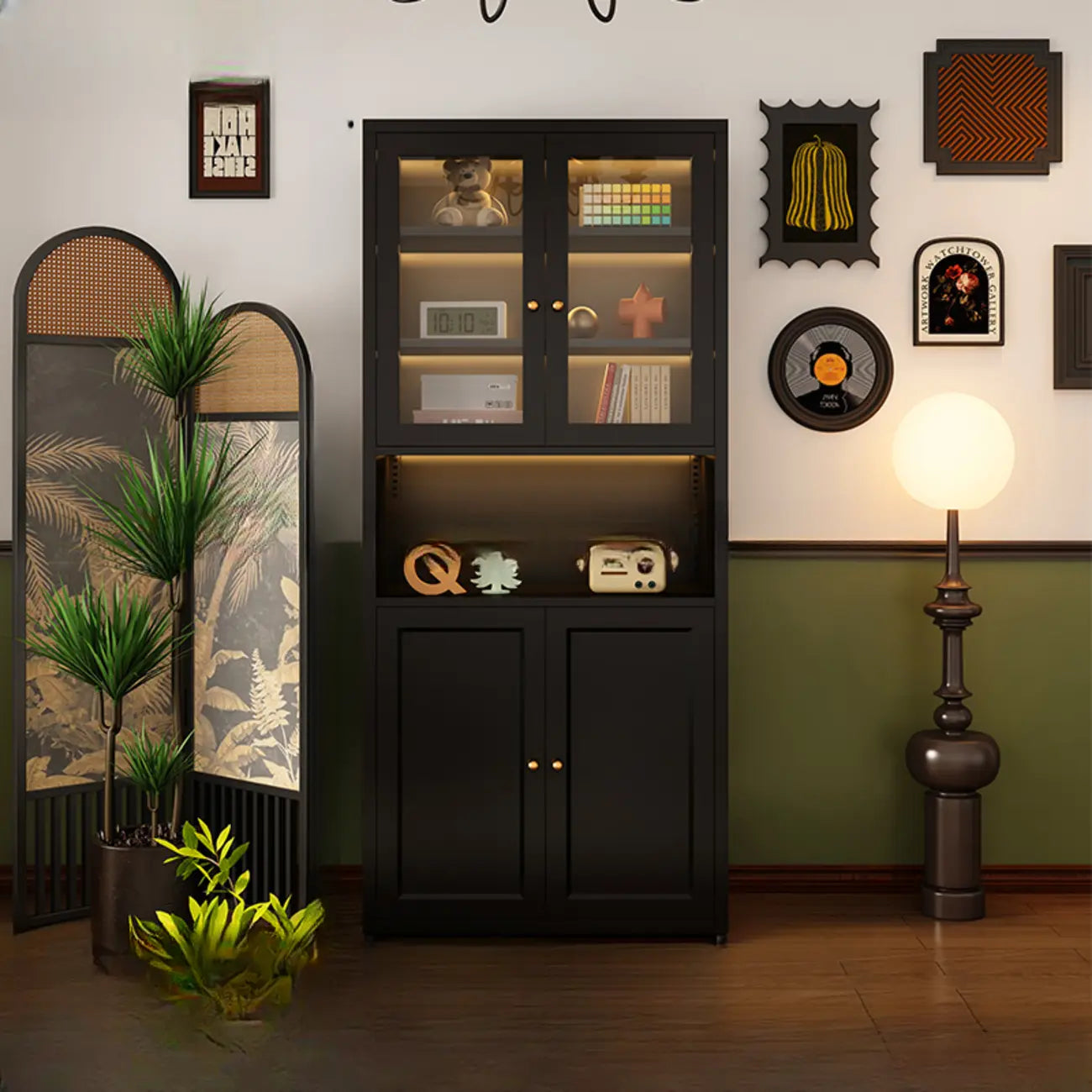 Contemporary Black Metal Bookcase with Glass Doors