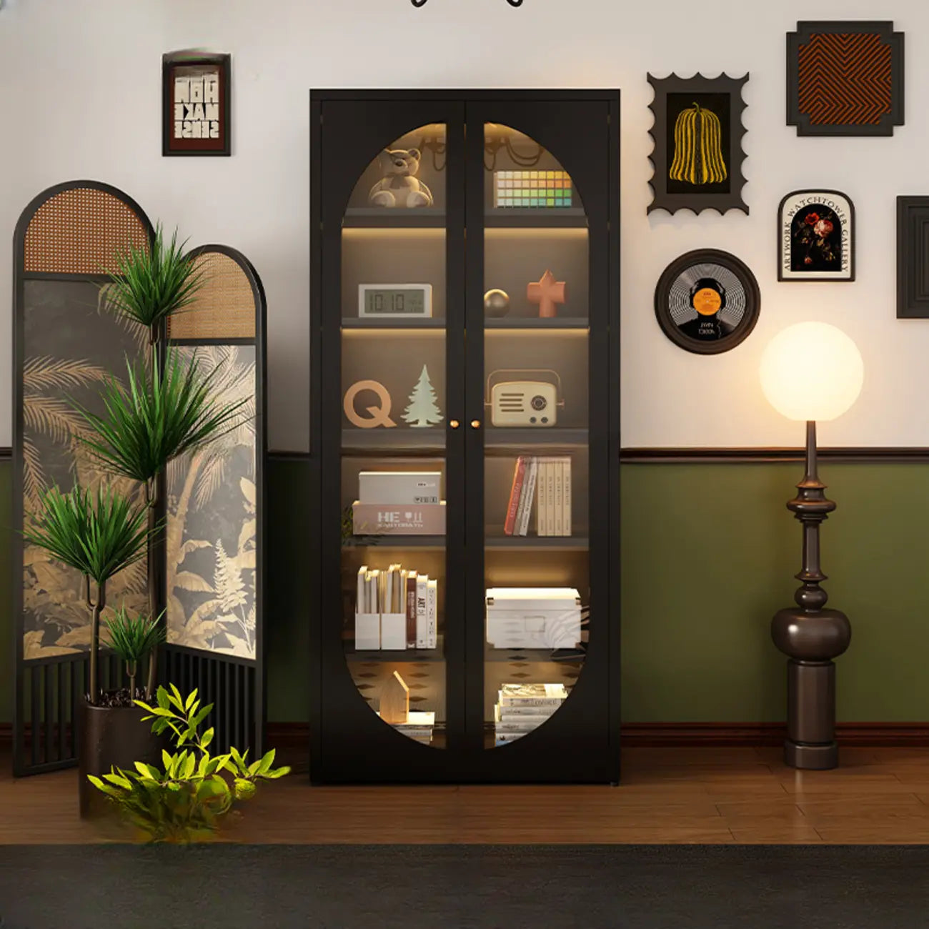 Contemporary Black Metal Bookcase with Glass Doors