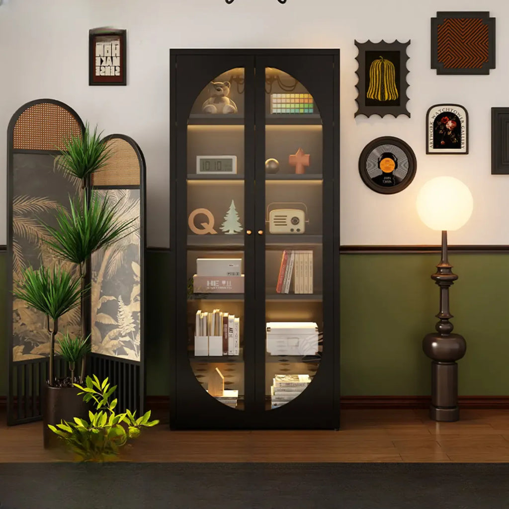 Contemporary Black Metal Bookcase with Glass Doors