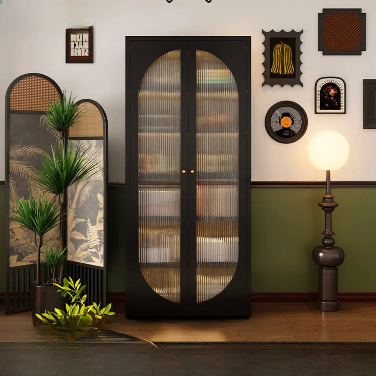 Contemporary Black Metal Bookcase with Glass Doors