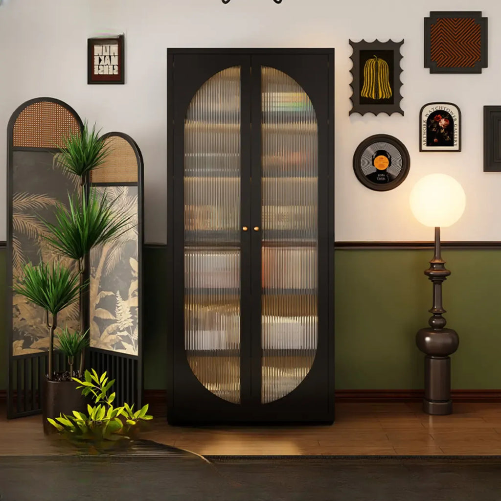 Contemporary Black Metal Bookcase with Glass Doors