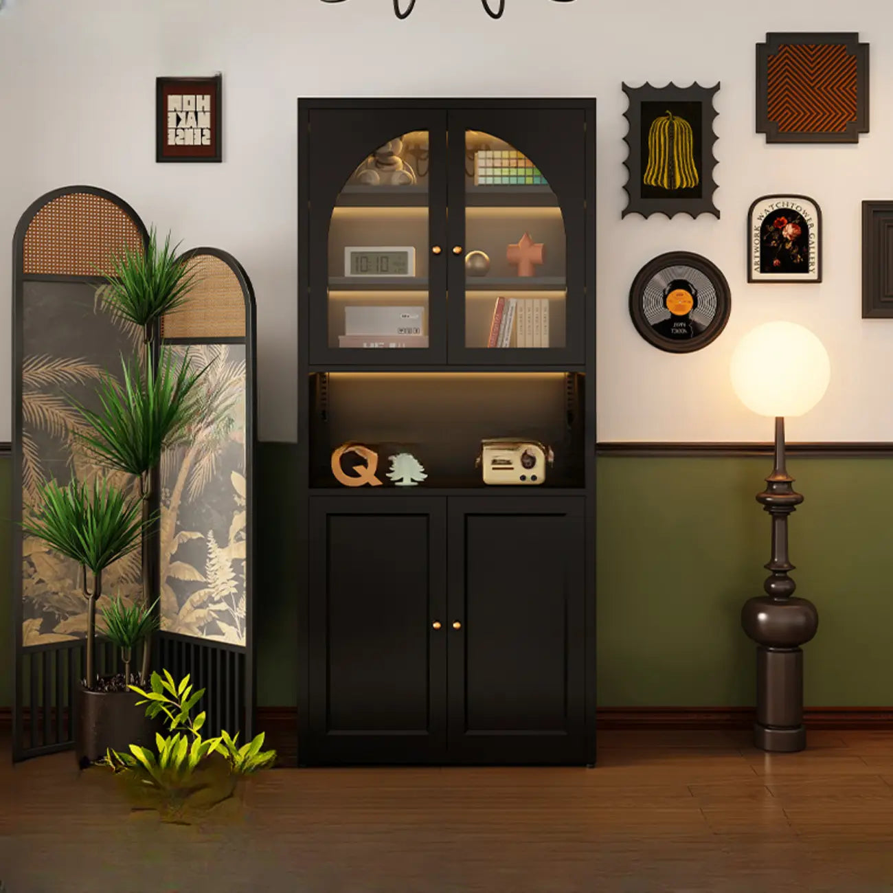 Contemporary Black Metal Bookcase with Glass Doors