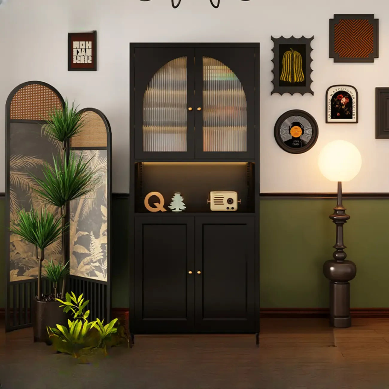 Contemporary Black Metal Bookcase with Glass Doors