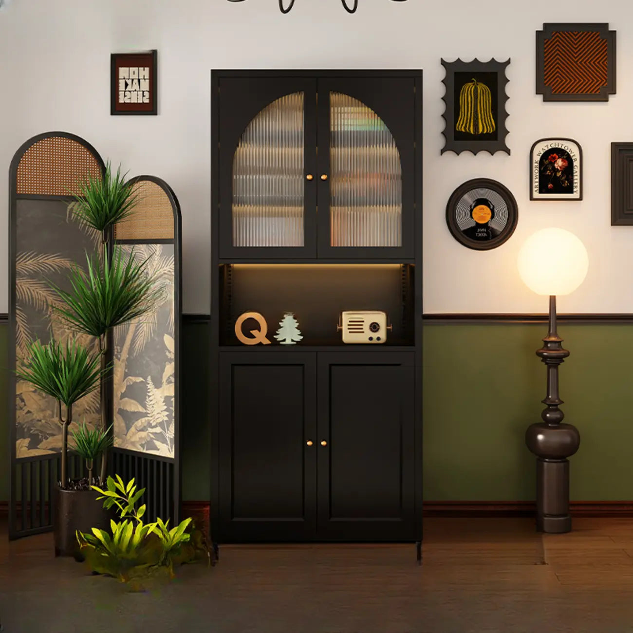 Contemporary Black Metal Bookcase with Glass Doors