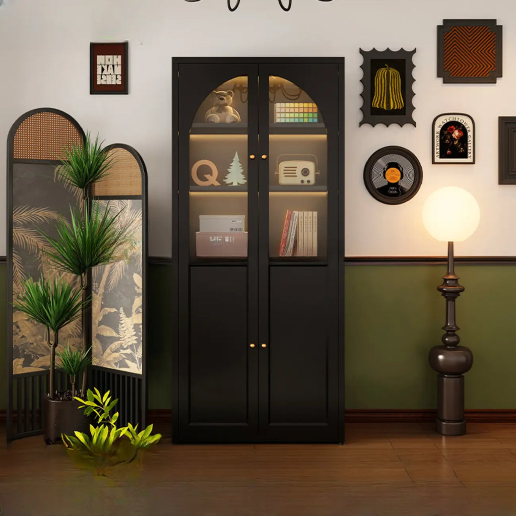 Contemporary Black Metal Bookcase with Glass Doors