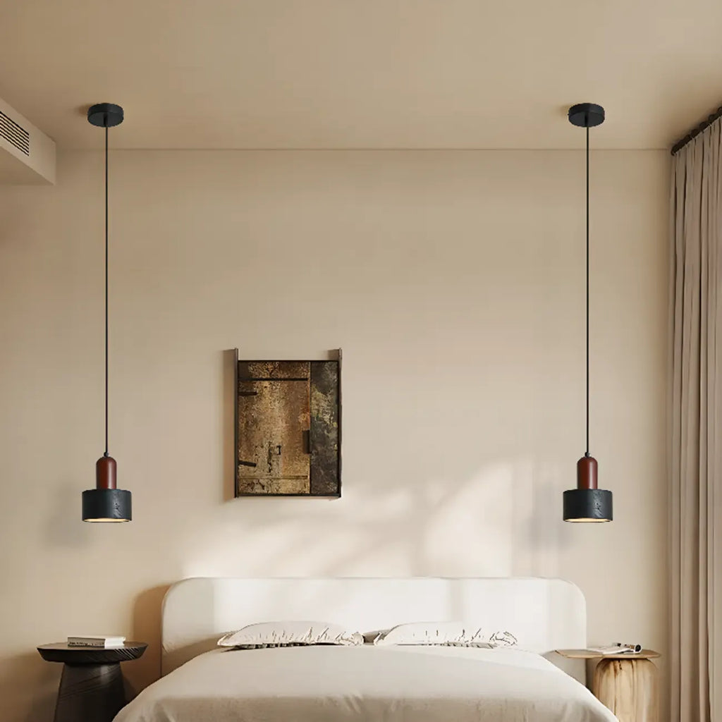 Black Stone Wood Cylinder Pendant Light for Bedroom