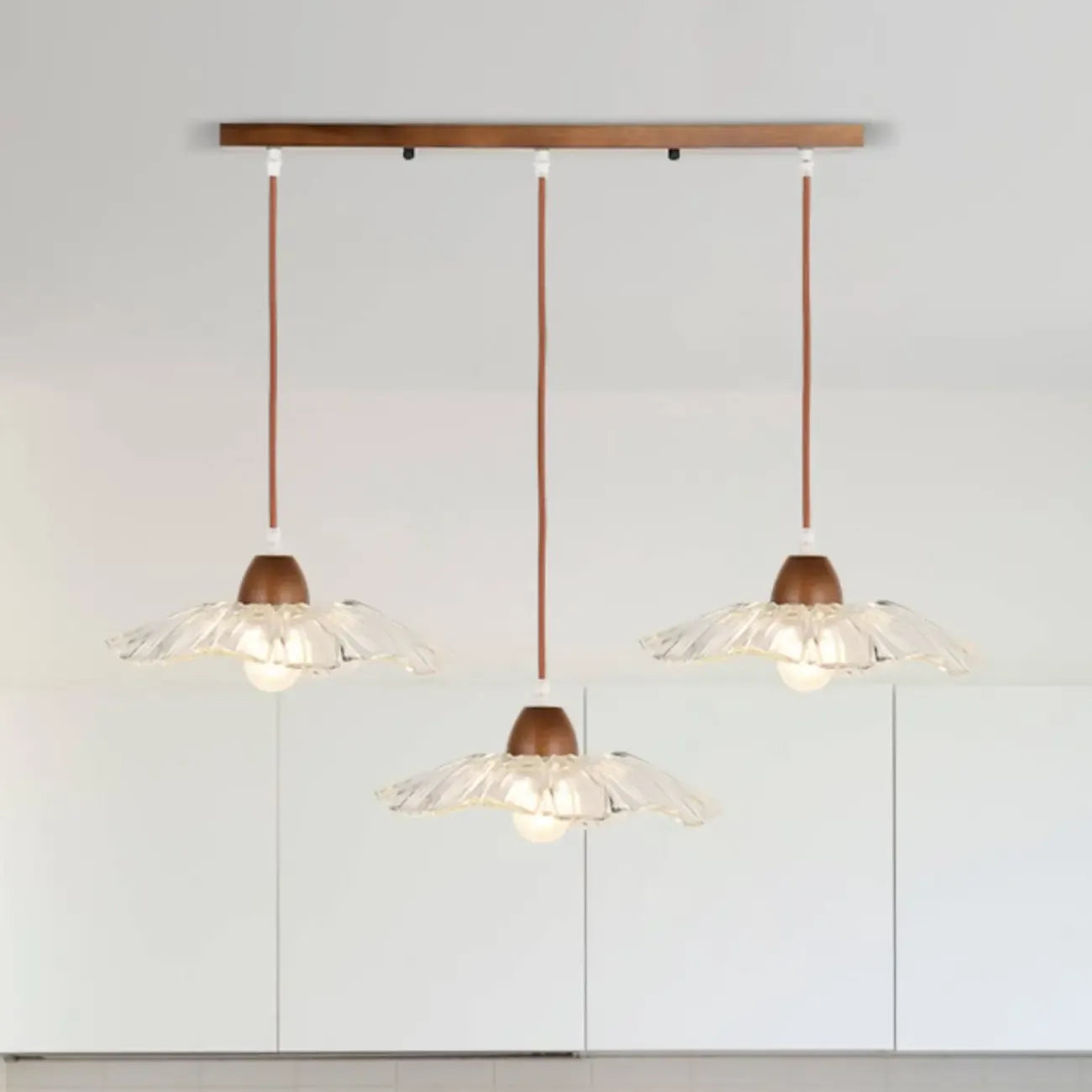 3-Light Modern Glass Wood Island Pendant Light for Kitchen