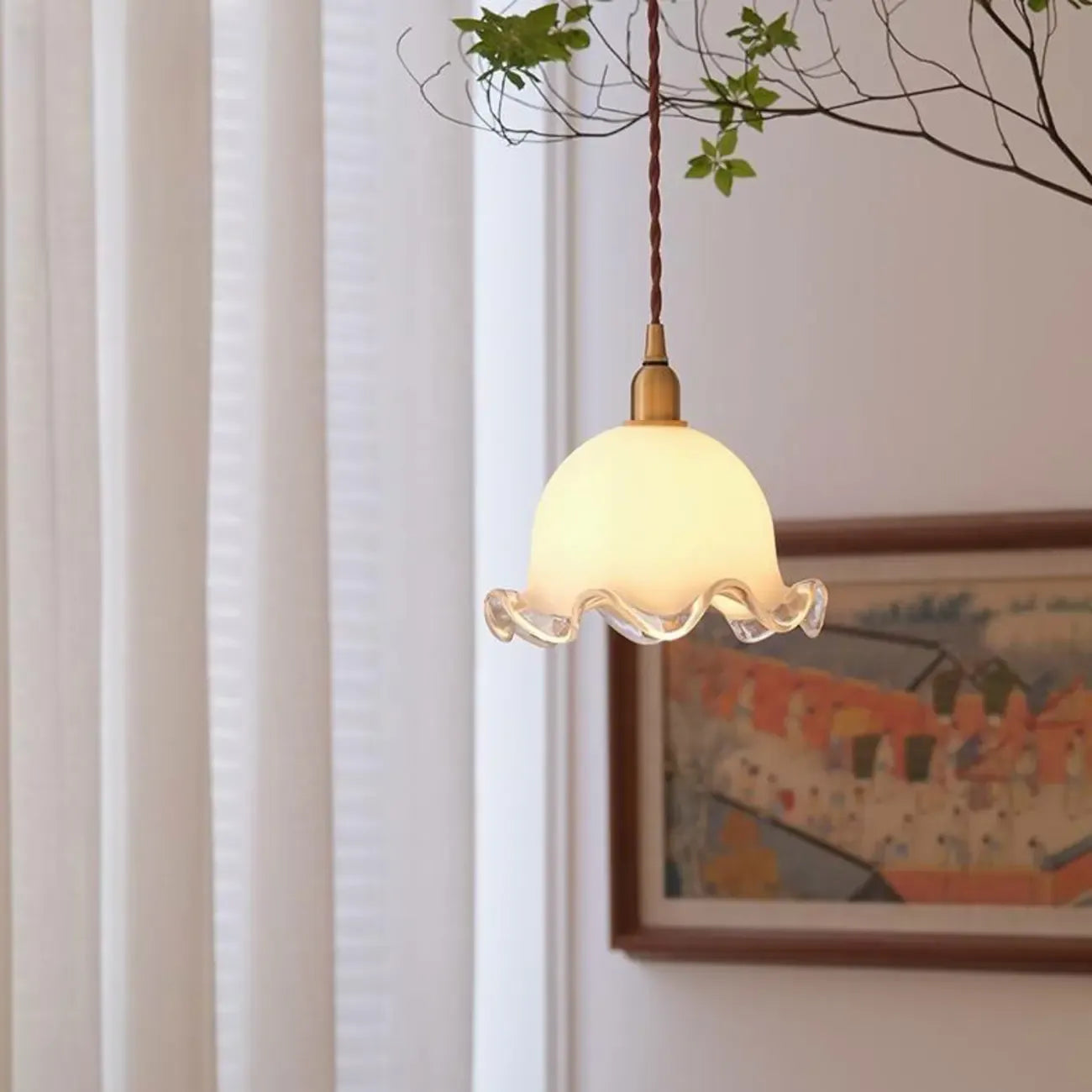 Elegant Brass White Floral Glass Kitchen Pendant Light