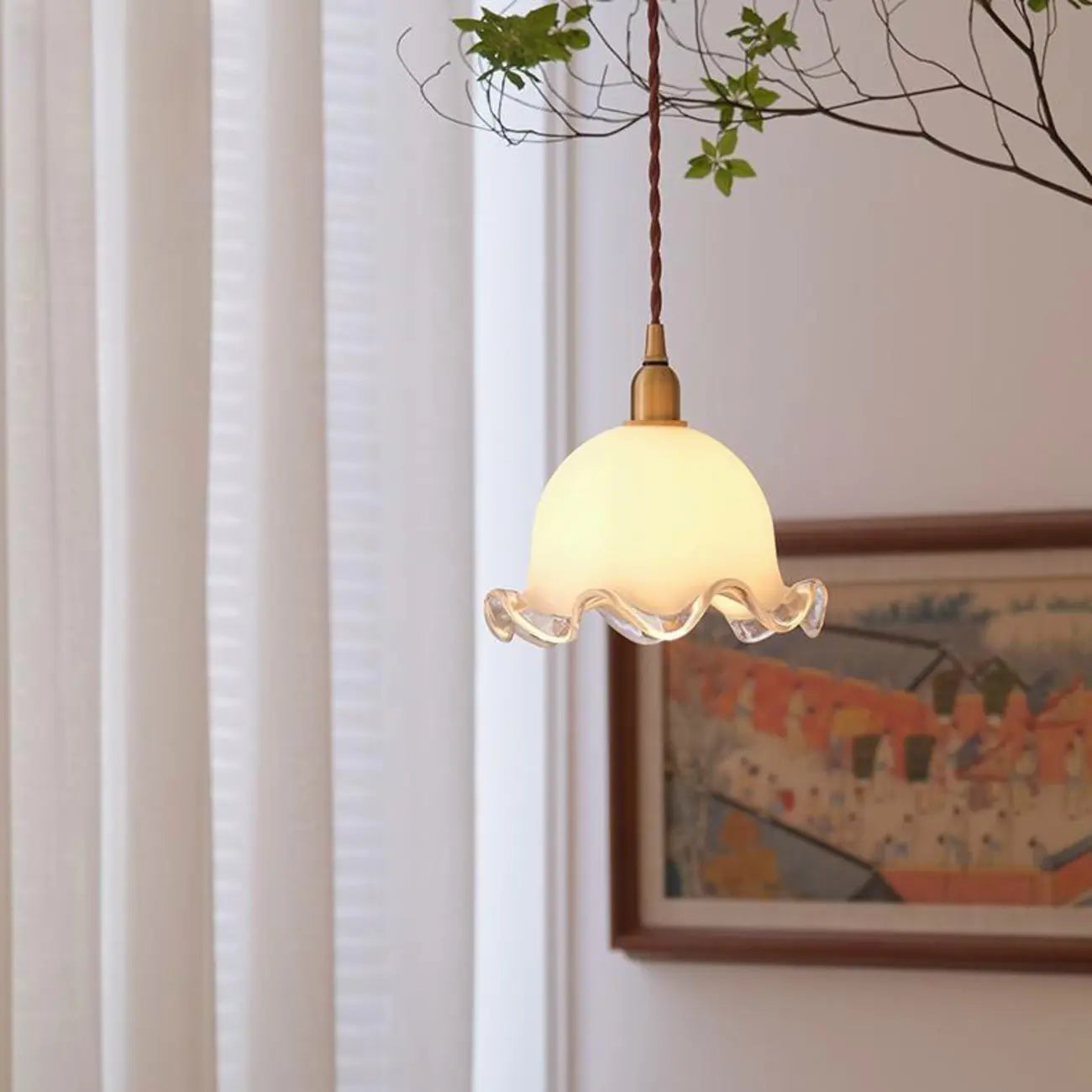 Elegant Brass White Floral Glass Kitchen Pendant Light