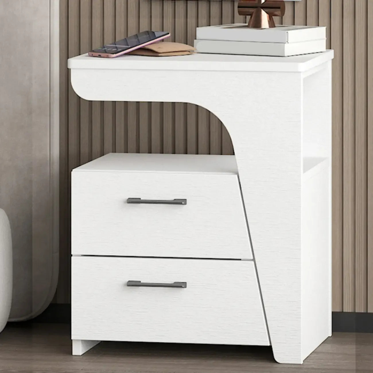 Modern White Bedside Table with 2 Storage Drawers