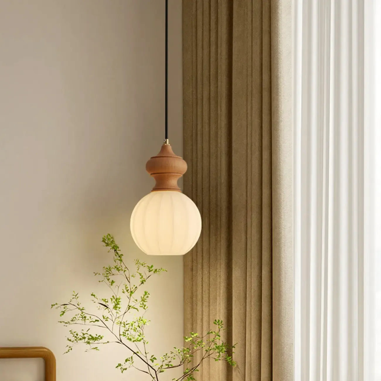 Adjustable Modern Wood Glass Pendant Light for Bedroom