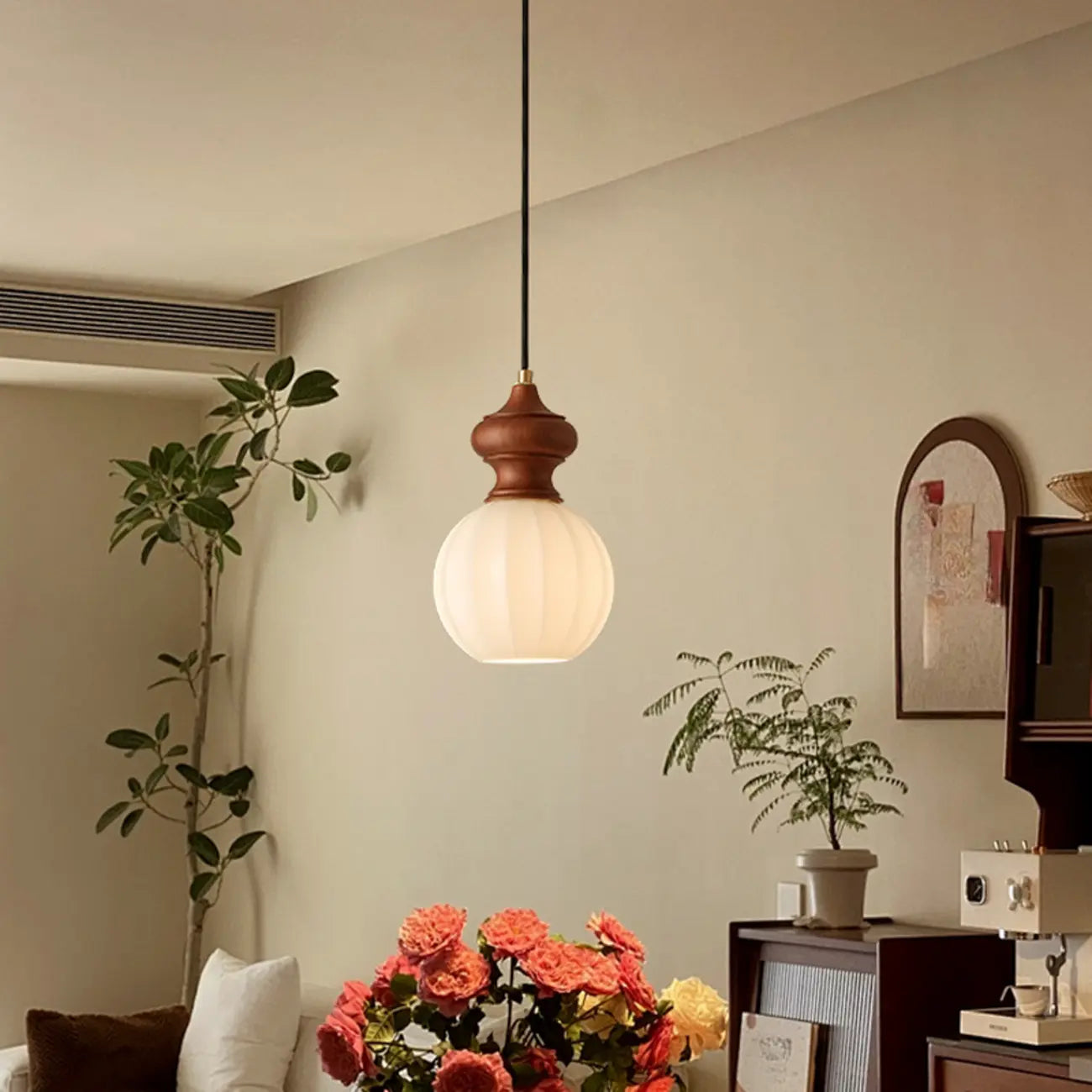 Adjustable Modern Wood Glass Pendant Light for Bedroom