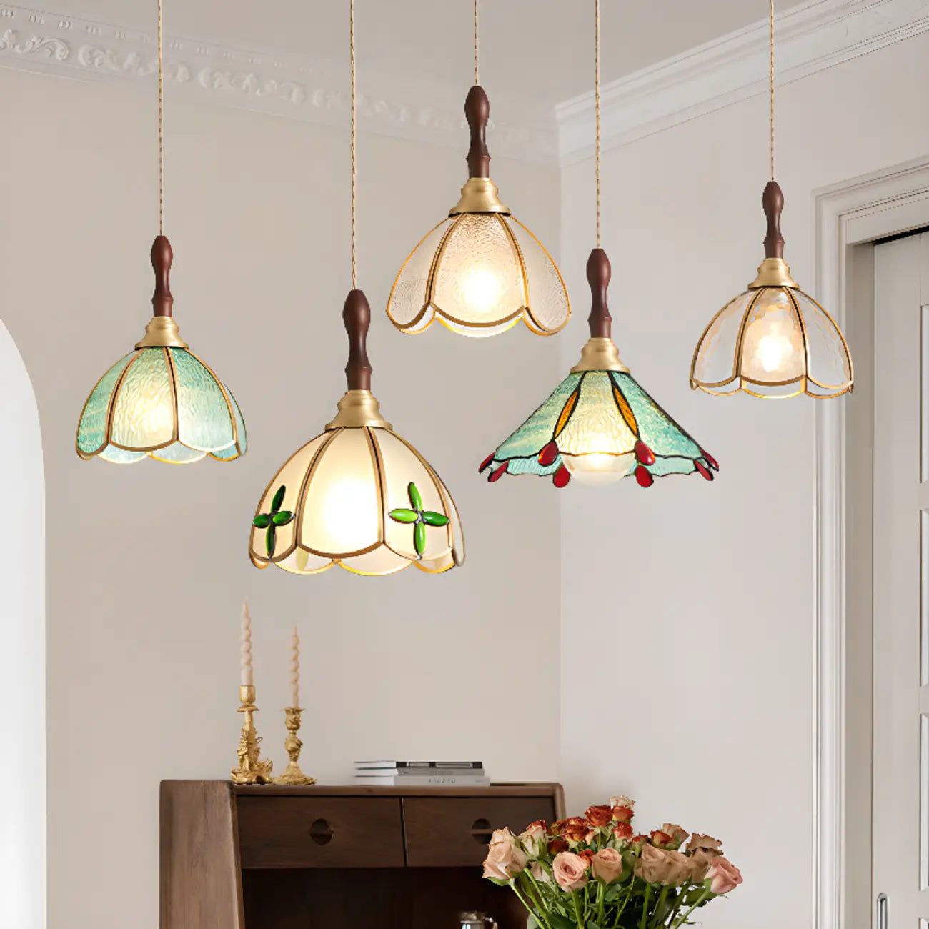 3-Light Glass Brass Floral Dining Pendant Light