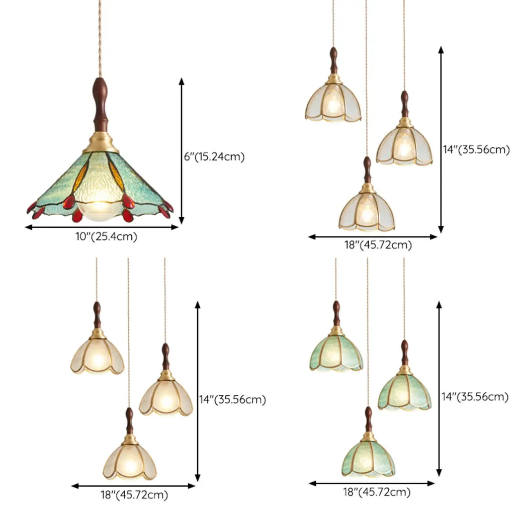 3-Light Glass Brass Floral Dining Pendant Light