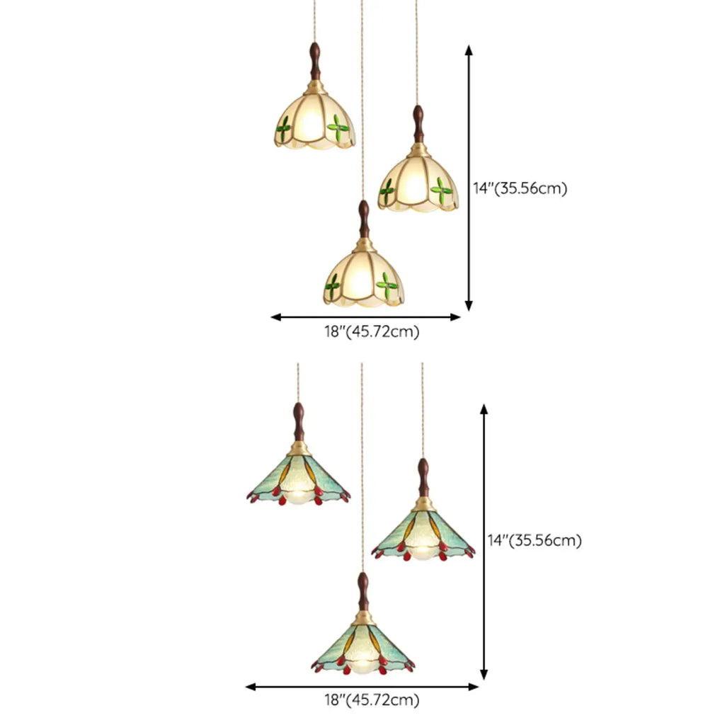 3-Light Glass Brass Floral Dining Pendant Light