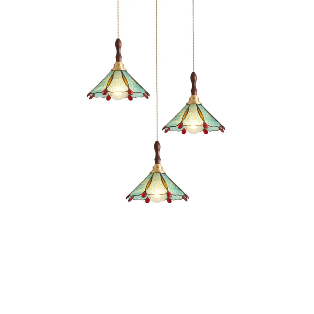 3-Light Glass Brass Floral Dining Pendant Light