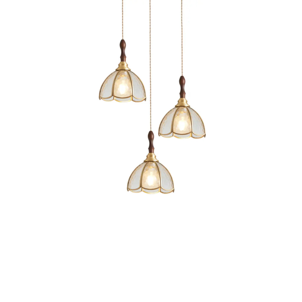 3-Light Glass Brass Floral Dining Pendant Light