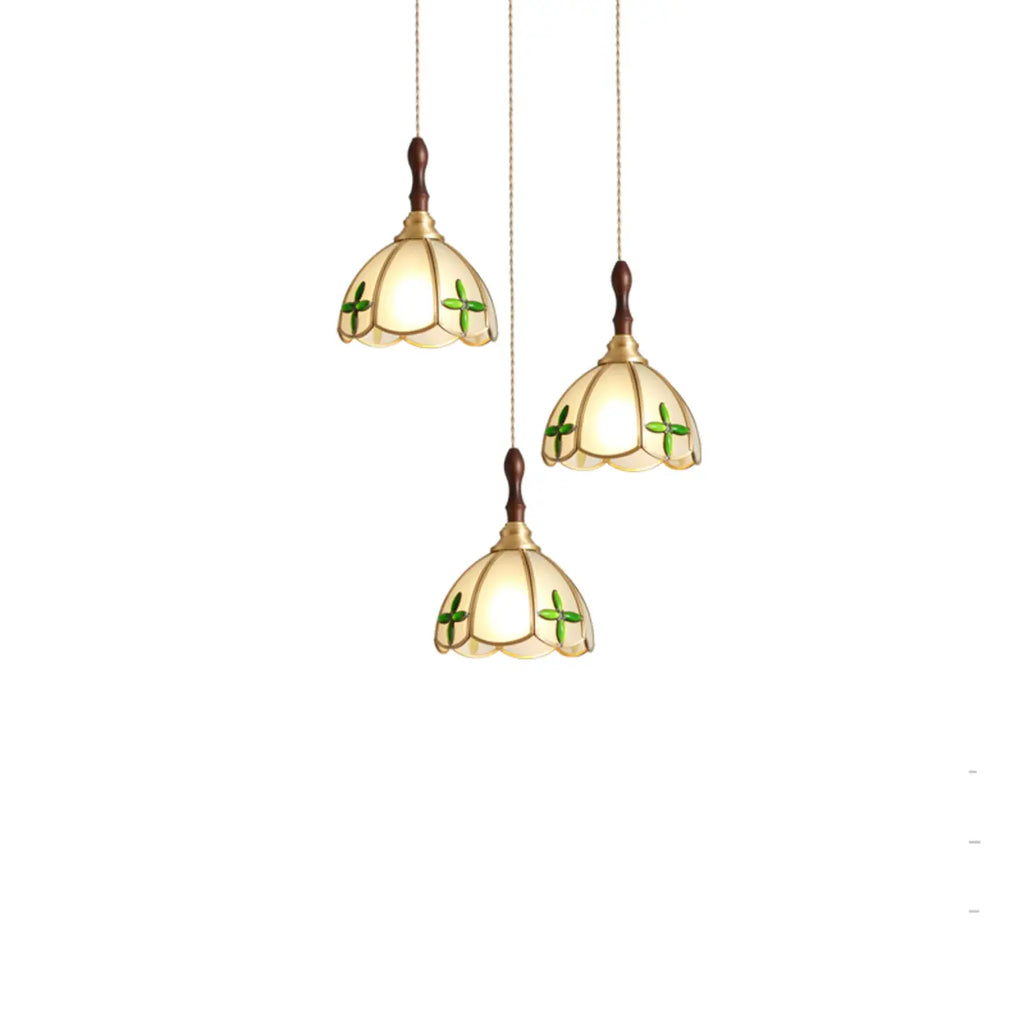 3-Light Glass Brass Floral Dining Pendant Light