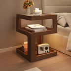 Cubic Glass Top Rubberwood Open Storage Nightstand with Light