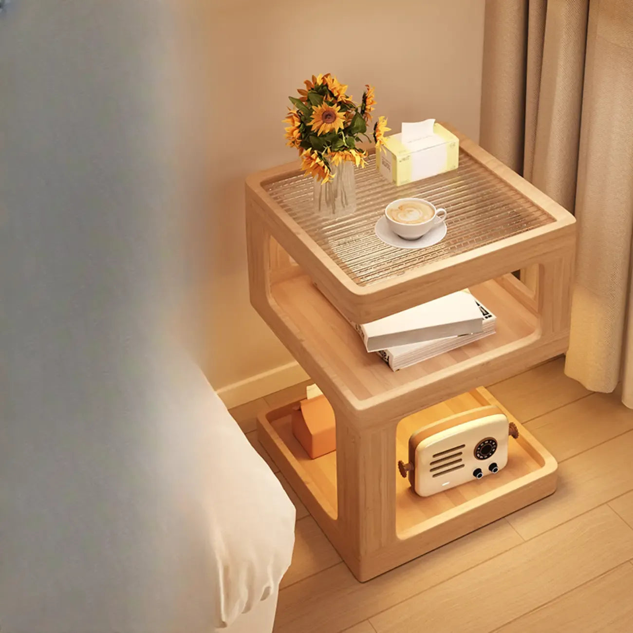 Cubic Glass Top Rubberwood Open Storage Nightstand with Light
