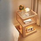 Cubic Glass Top Rubberwood Open Storage Nightstand with Light