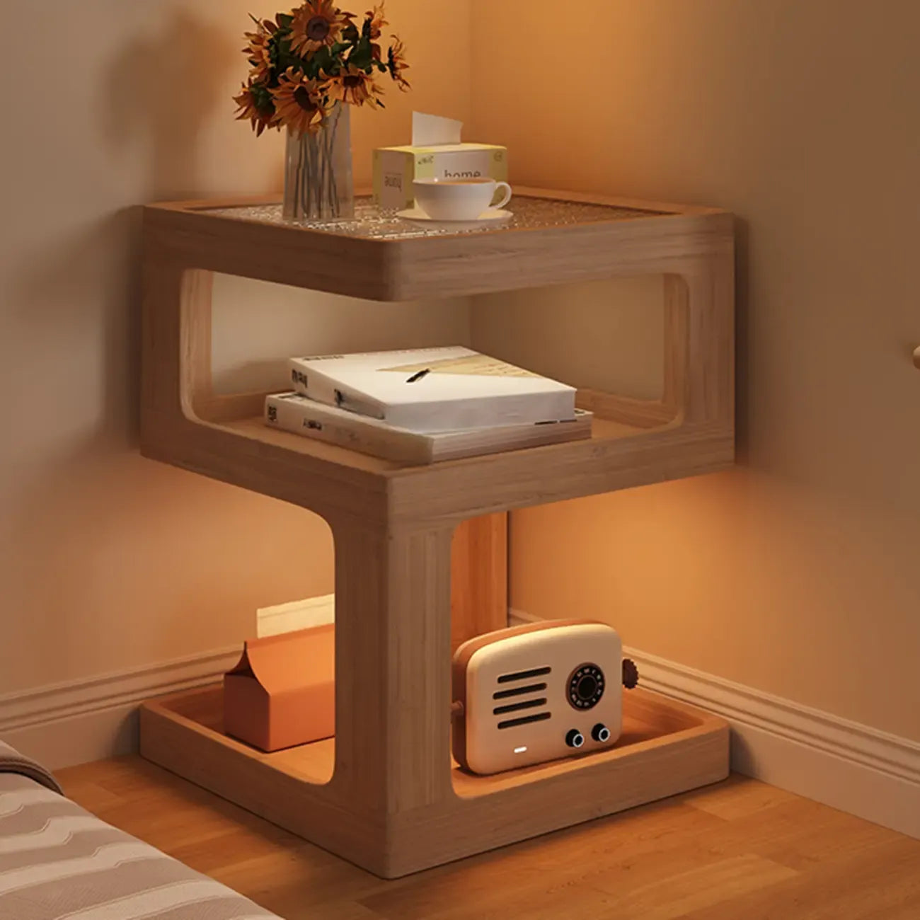 Cubic Glass Top Rubberwood Open Storage Nightstand with Light