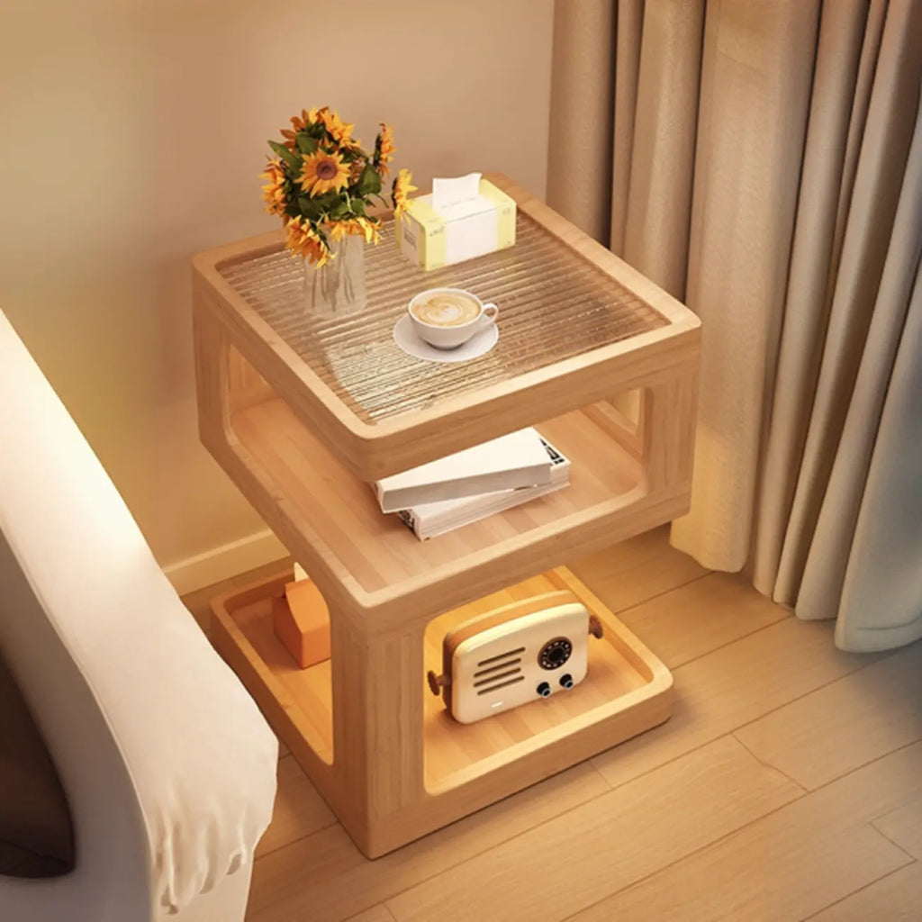 Cubic Glass Top Rubberwood Open Storage Nightstand with Light