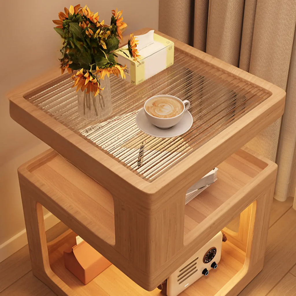 Cubic Glass Top Rubberwood Open Storage Nightstand with Light
