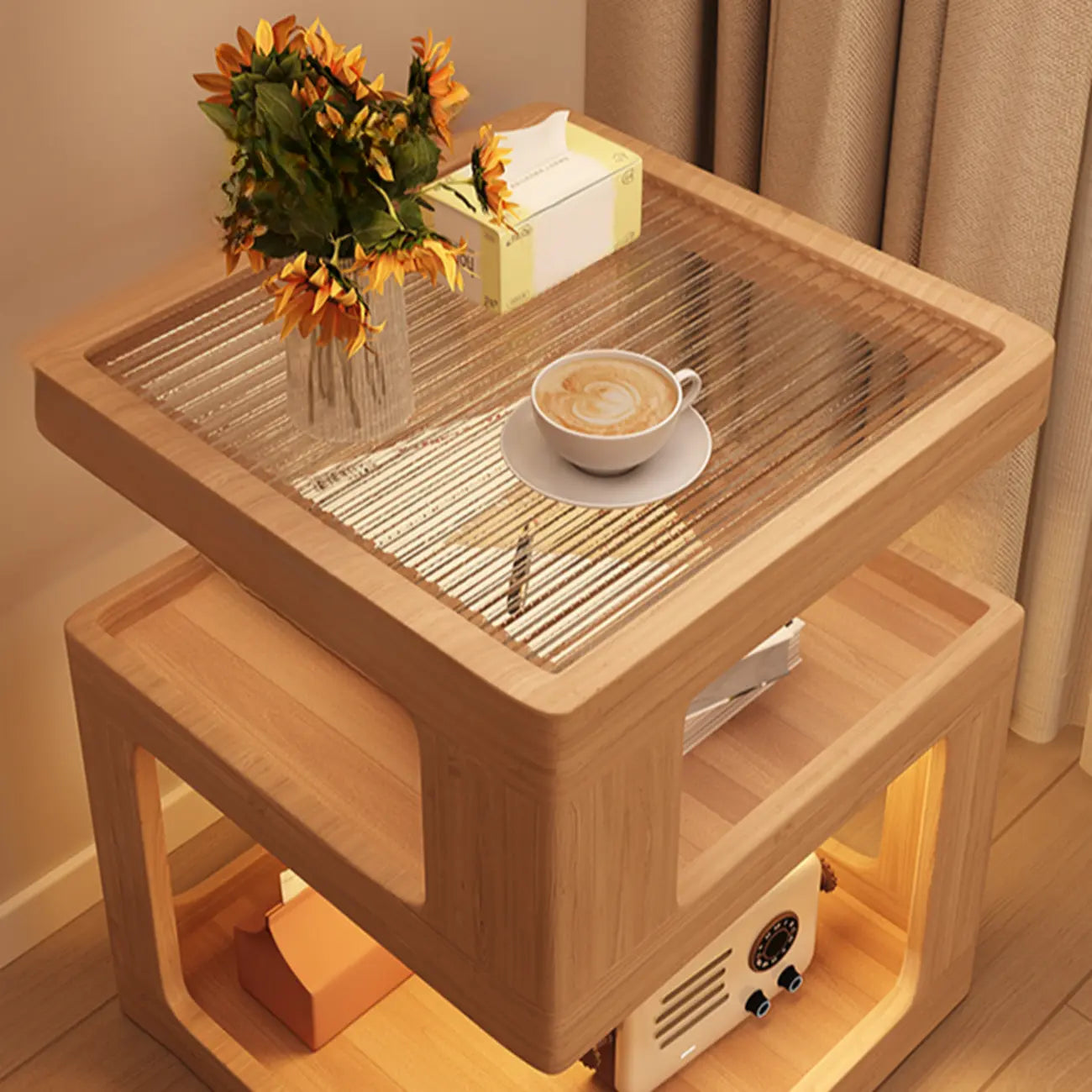 Cubic Glass Top Rubberwood Open Storage Nightstand with Light