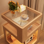 Cubic Glass Top Rubberwood Open Storage Nightstand with Light