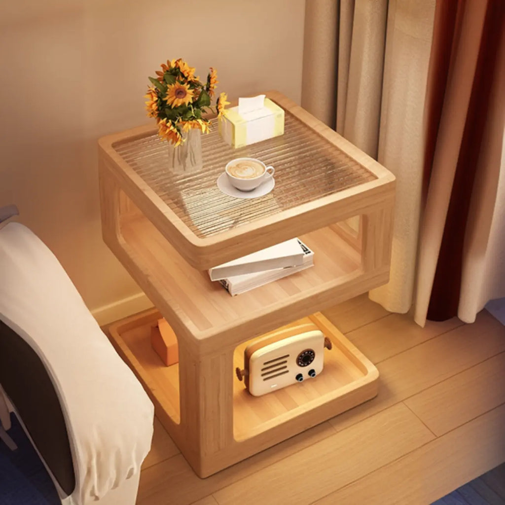 Cubic Glass Top Rubberwood Open Storage Nightstand with Light