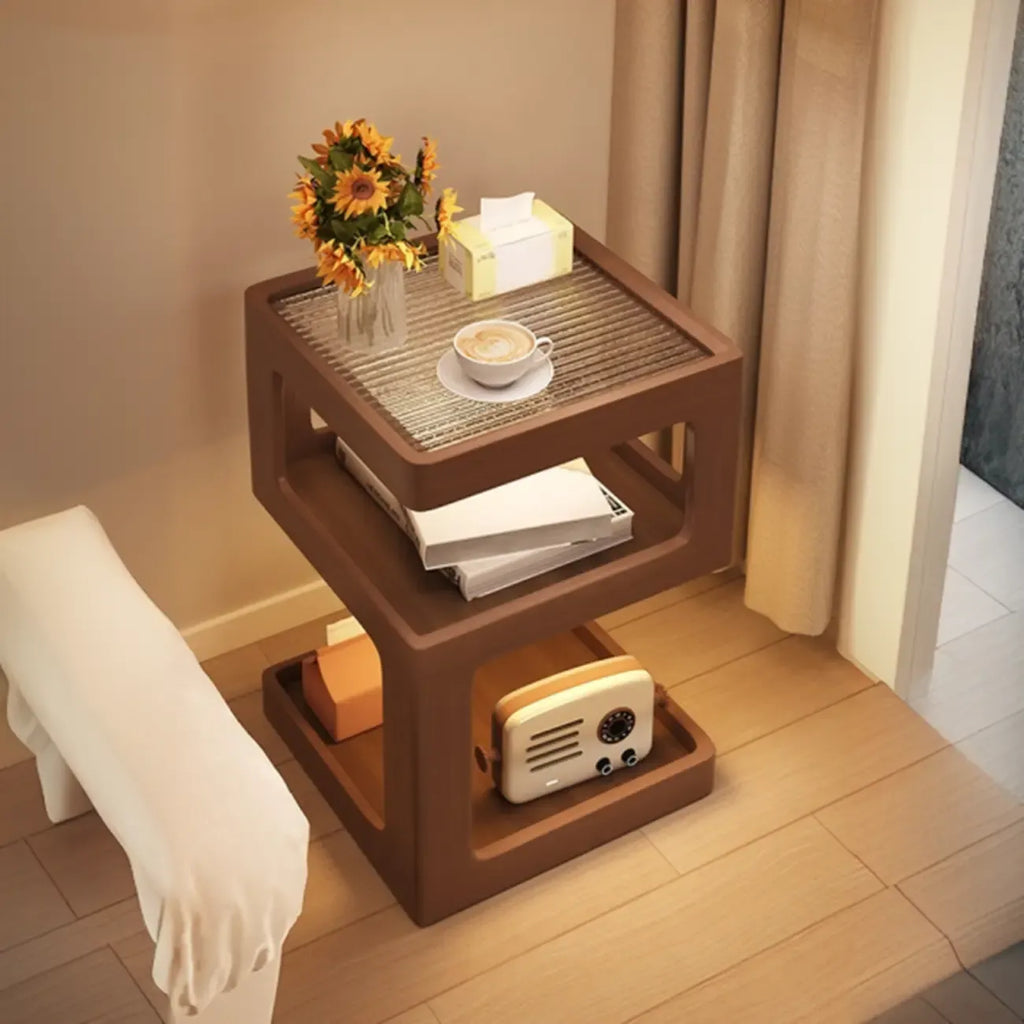 Cubic Glass Top Rubberwood Open Storage Nightstand with Light