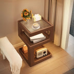 Cubic Glass Top Rubberwood Open Storage Nightstand with Light