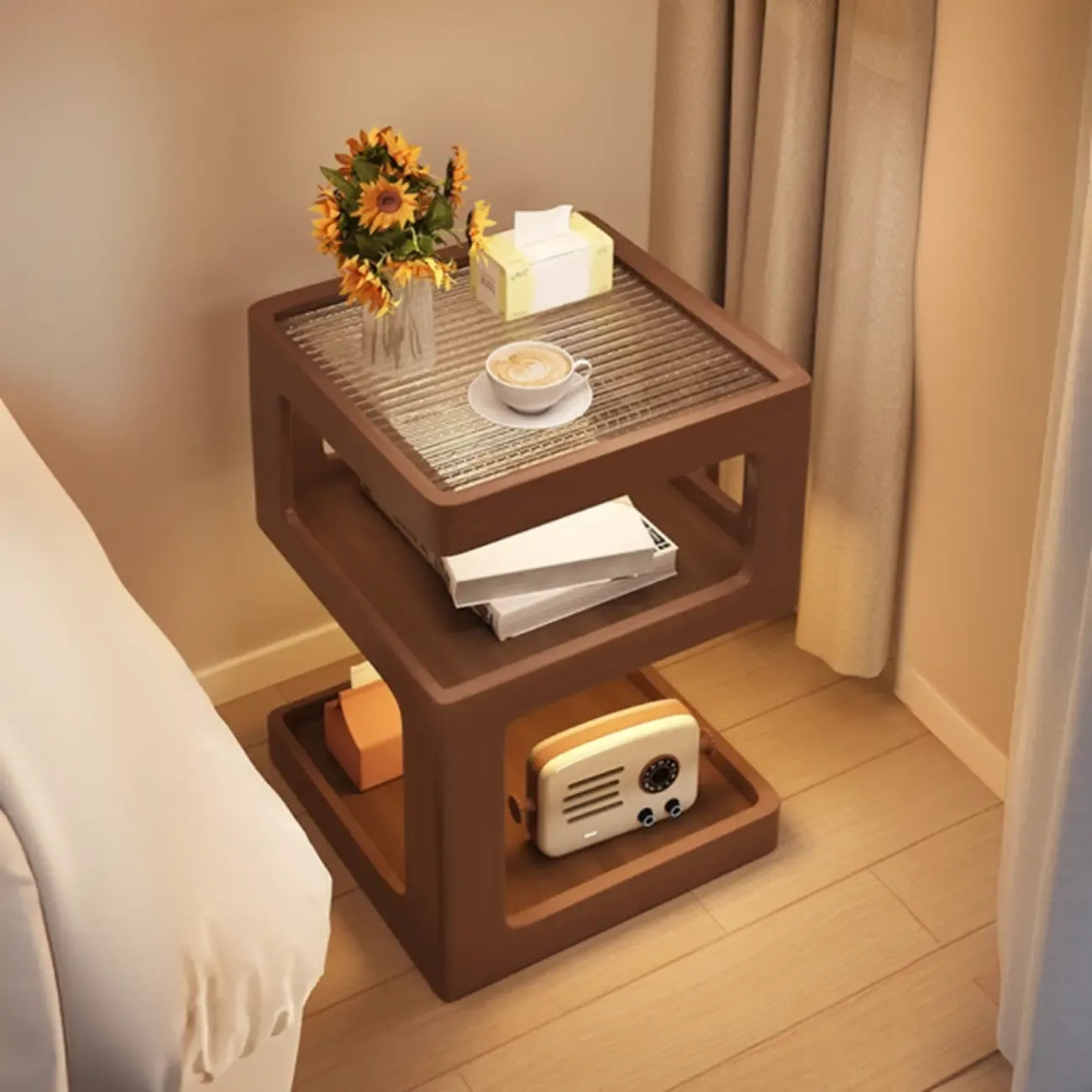 Cubic Glass Top Rubberwood Open Storage Nightstand with Light