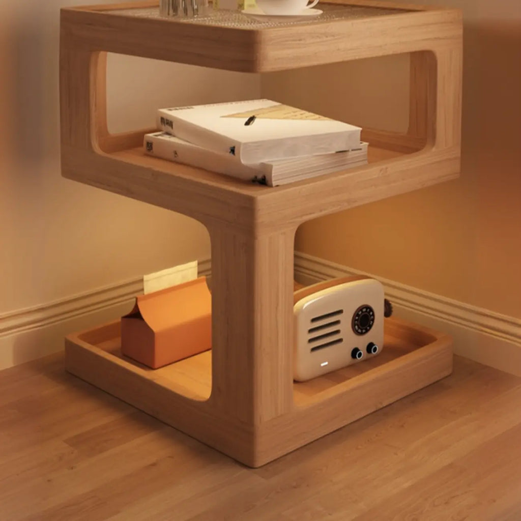 Cubic Glass Top Rubberwood Open Storage Nightstand with Light
